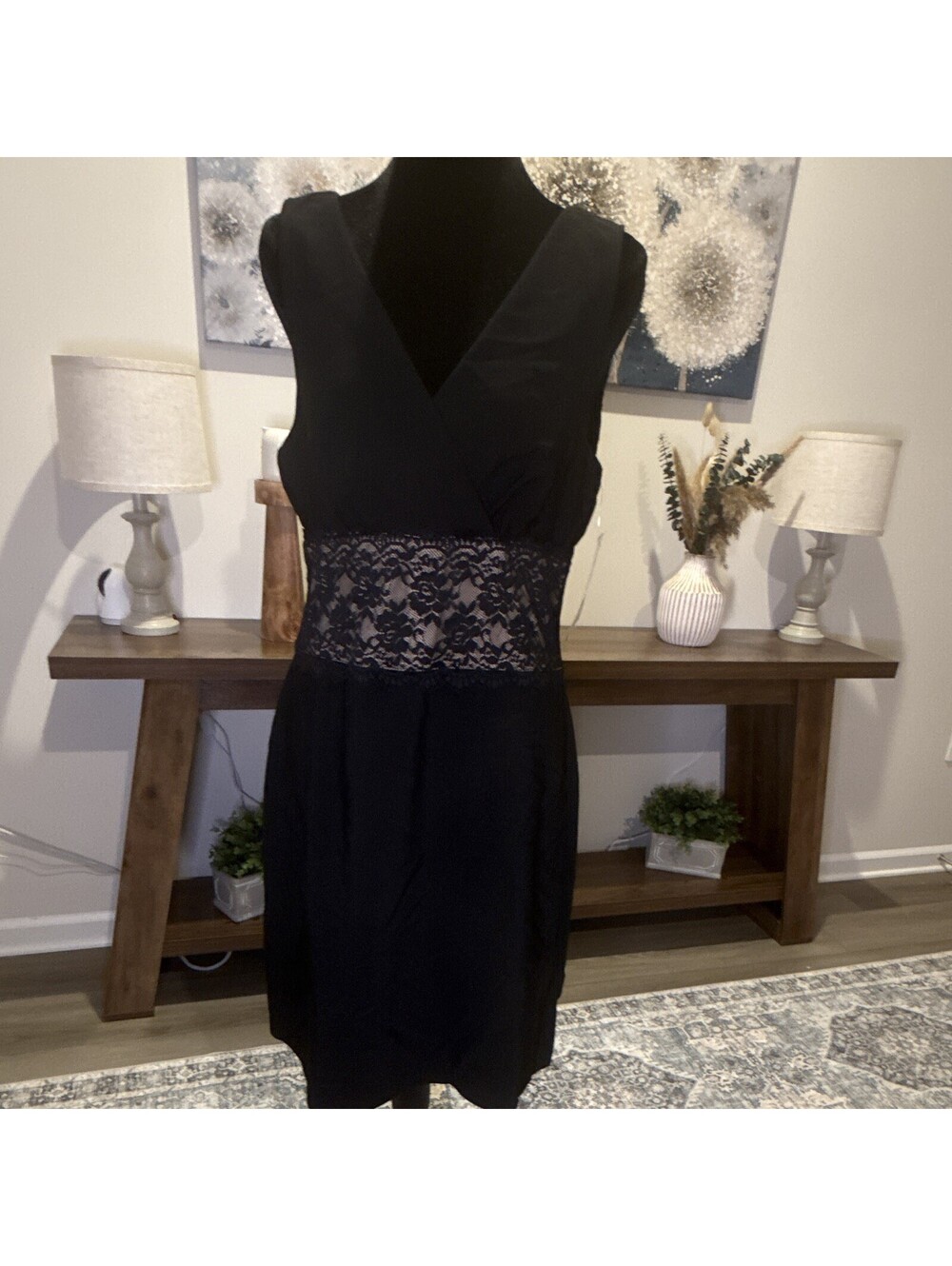 Connected Apparel Black Sheath V-Neck Sleeveless Lace Waist Lined Dress 12